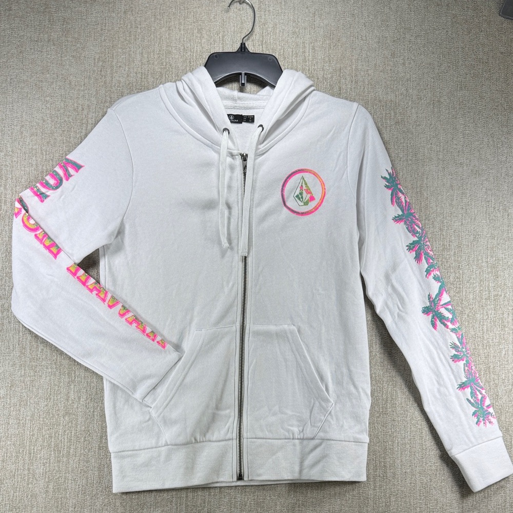 Volcom Hawaii White Zip Hoodie Pink and Teal Sleeve Logo Graphic Sleeve NWT S
